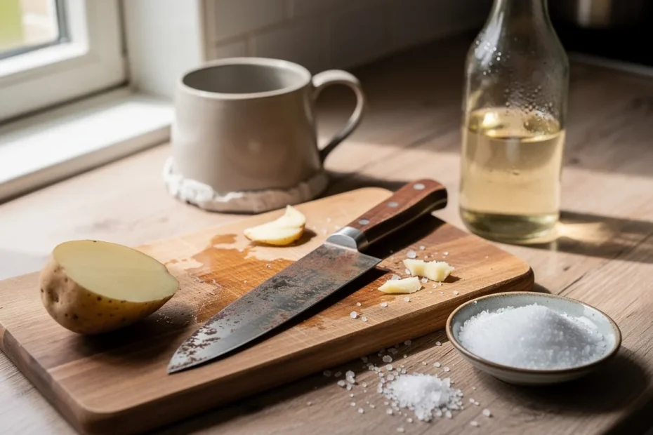 Hoe je een mes kunt slijpen en schoonmaken met azijn, zout en een halve aardappel