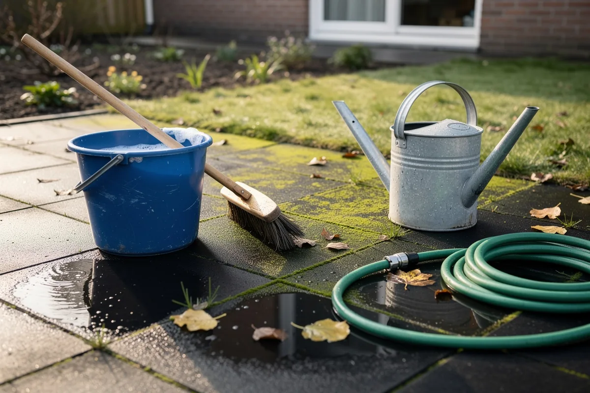 Zwarte terrastegels en tuinpaden schoonmaken met bijna geen moeite